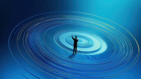 Businessman standing in front of a blue circle. Conceptual imageの素材