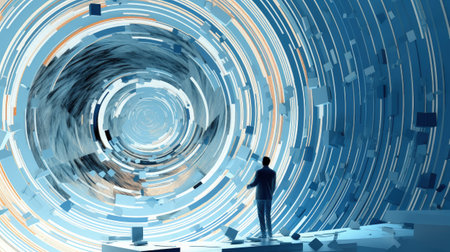 Businessman looking at abstract data tunnel. 3D Rendering.の素材