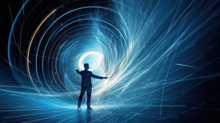 Silhouette of businessman looking at abstract blue light beam on dark backgroundの素材