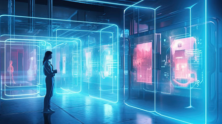 Businesswoman in modern interior with hologram screens. 3D renderingの素材