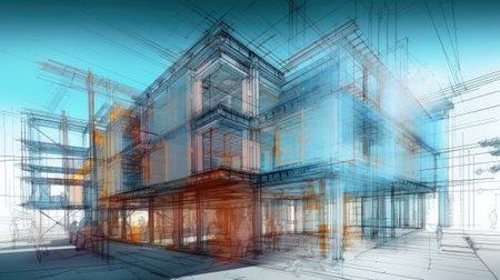 sketch design of modern house,3d render and illustrationの素材