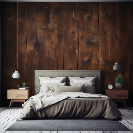 Bedroom interior with wooden wall and wooden floor. 3D Renderingの素材