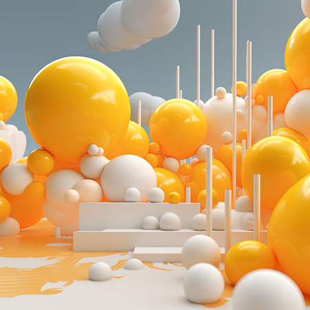 3d render of abstract background with yellow and white balls and podiumの素材