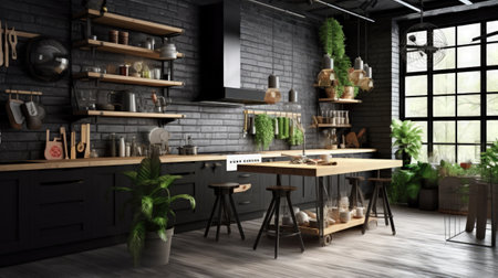 3d rendering of a modern kitchen in a loft with black wallsの素材