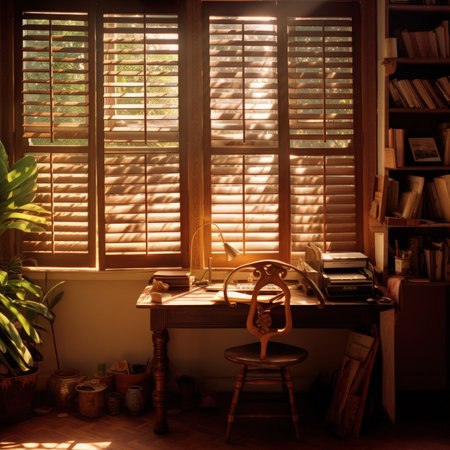 Wooden table and chair in the corner of a room with window blindsの素材