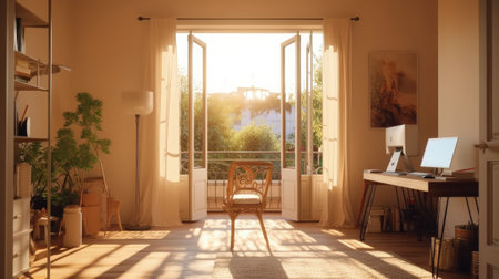 Interior design of a living room with a computer and a chairの素材