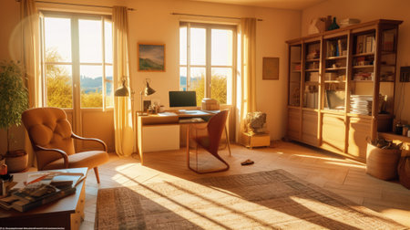 Interior of a room with a computer and a chair in sunlightの素材