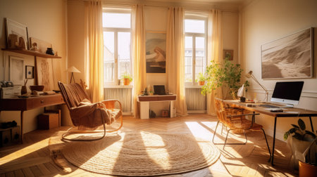 Interior of a living room with a chair and a laptop.の素材