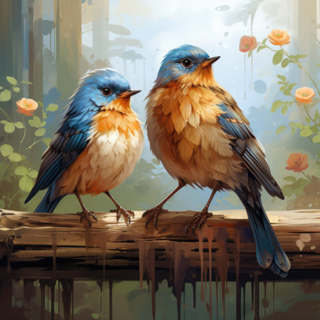 Two bluebirds sitting on a branch in the garden. Illustrationの素材