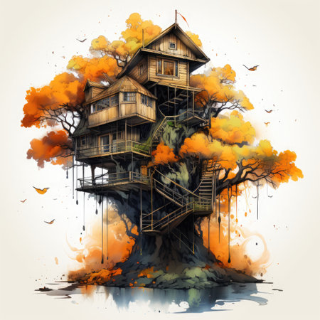 Wooden house on a tree in the forest. Illustration.の素材