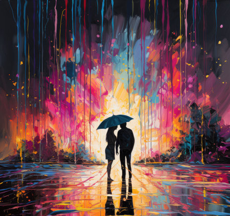 Man and woman with umbrella in the rain. Colorful illustration.の素材