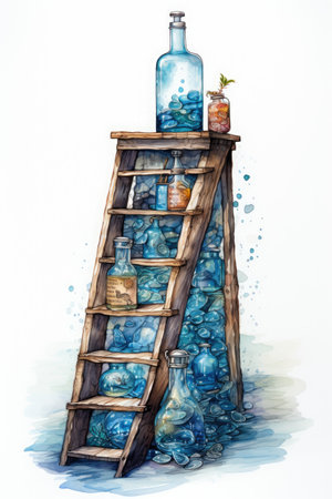 Watercolor illustration of an old wooden ladder with blue glass bottles.の素材