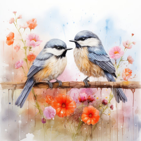Watercolor painting of a couple of birds sitting on a wooden fence with flowersの素材