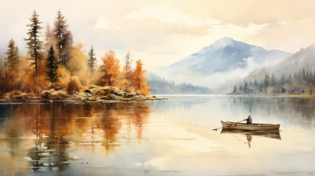 Fisherman in a boat on the lake. Digital painting.の素材