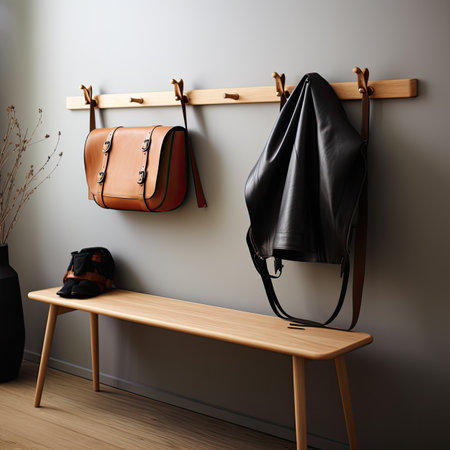 Stylish leather backpack hanging on wall in room. 3d renderの素材