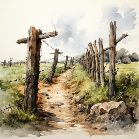 Wooden fence in the field. Watercolor painting, illustration.の素材