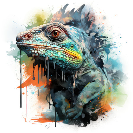 Iguana in watercolor splashes. Digital watercolor painting.の素材