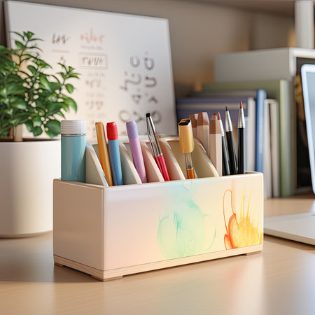 Office desk with stationery in box. 3d render illustration.の素材