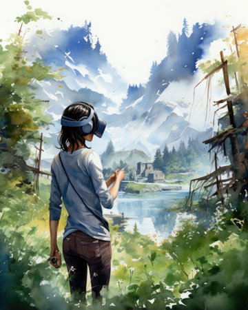 Digital painting of a boy wearing virtual reality glasses in front of a mountain landscapeの素材