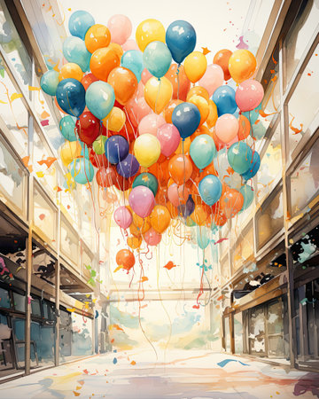Colorful balloons flying in the air in the city. 3D renderingの素材