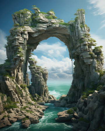 Huge arch on the seashore. 3D rendering.の素材