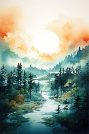 Pine forest and river at sunset. Watercolor painting. Digital illustration.の素材