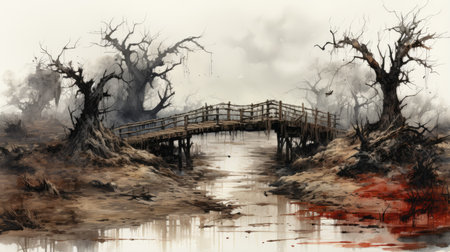 Digital painting of a wooden bridge over a river with dead trees in the backgroundの素材