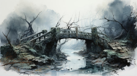 Digital painting of a bridge over a river in a foggy forestの素材
