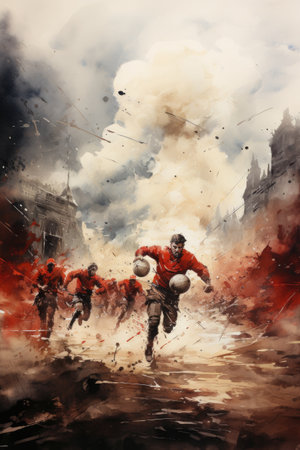 Football players in action on the field during the match. Digital paintingの素材