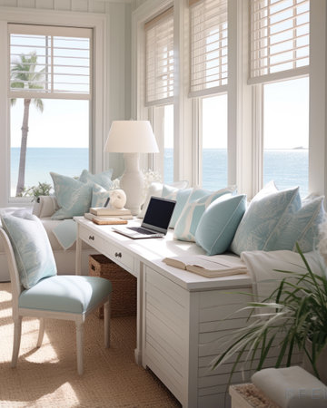 Laptop on desk in living room with sea view. 3d renderの素材