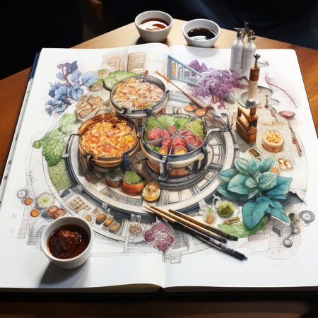 Sketch of Japanese food on a table in a restaurant.の素材