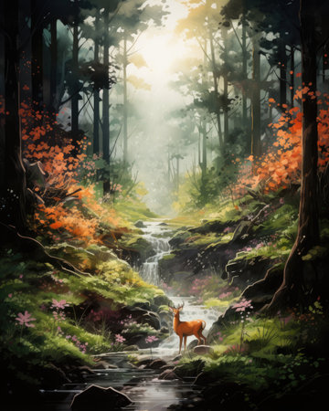 Fantasy landscape with deer in the forest. Digital painting illustration.の素材