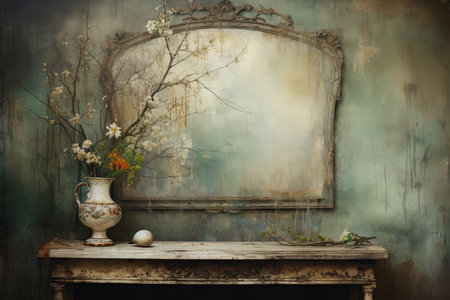 Vintage interior with vase of flowers on old wooden table.の素材