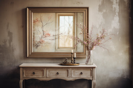 Interior of a vintage room with wooden furniture, mirror and flowersの素材