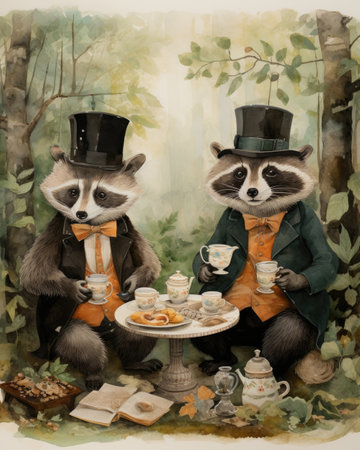 Two raccoons sitting at the table and drinking tea. Vintage style.の素材