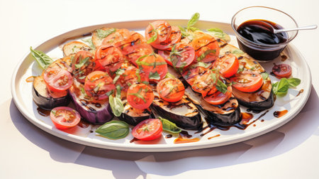 Grilled eggplant with tomato and basil on a white plate.の素材