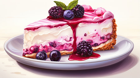 Illustration of a piece of cheesecake with fresh berries on a plateの素材