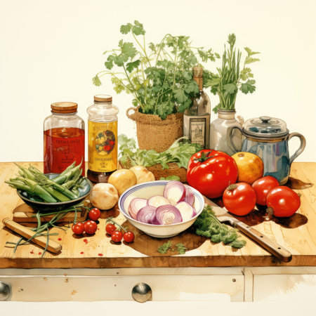 Vegetables on the kitchen table. Vintage style toned pictureの素材