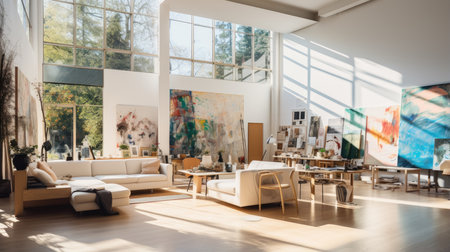 interior of modern bright living room with white sofa and armchairの素材