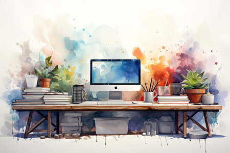 Computer on table in office with colorful watercolor background. Digital illustration.の素材