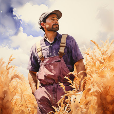Portrait of a farmer standing in a wheat field looking at the skyの素材