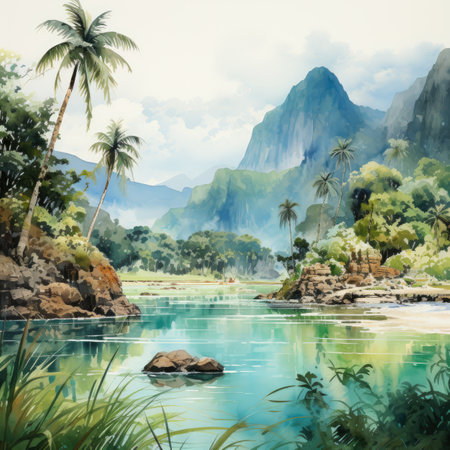 Digital painting of a tropical landscape with a lake, palm trees and mountainsの素材
