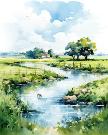 Watercolor landscape with river, trees and blue sky. Digital painting.の素材