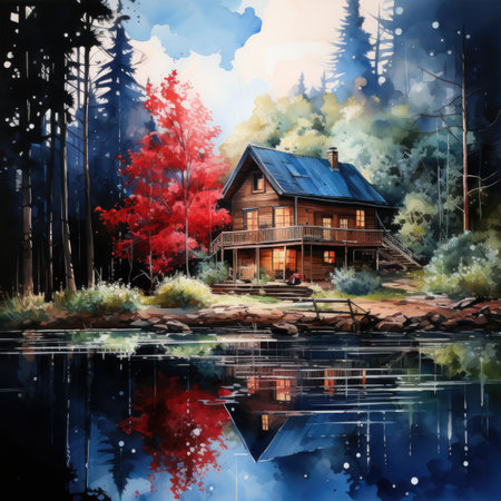 Wooden house on the lake in the forest. Digital painting.の素材