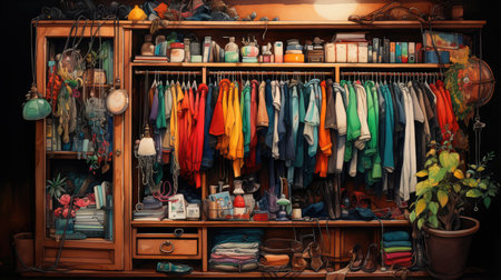 closet with different clothes and accessories in the interior of the roomの素材