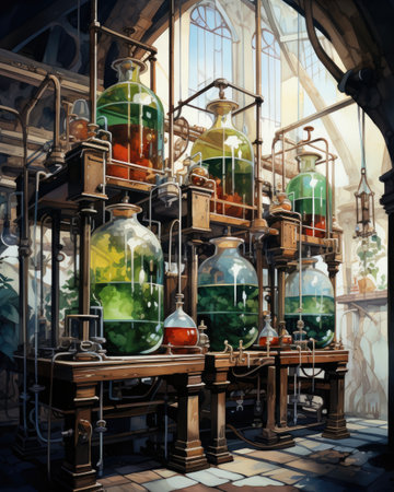 3d rendering of a laboratory with glass test tubes in it.の素材