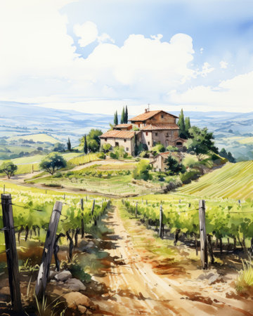 Rural landscape in Tuscany, Italy. Watercolor paintingの素材