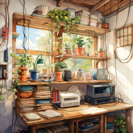 Sketch of an interior of a cozy room with books, coffee machine and plants.の素材