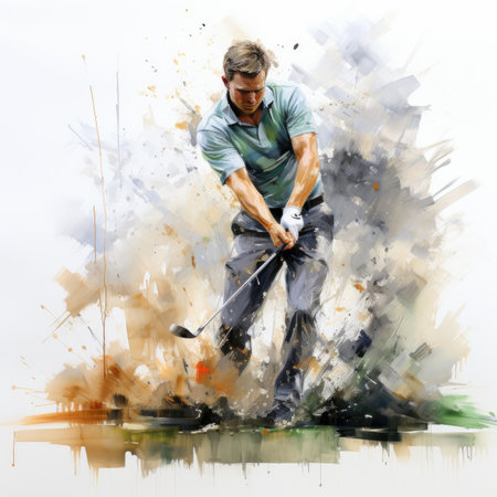 Digital painting of a golfer playing golf against a grunge backgroundの素材