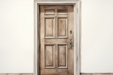 Wooden door on a white wall. 3d rendering, toned imageの素材